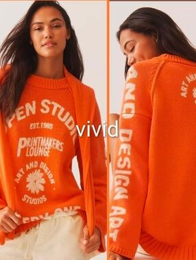 Anthropologie Graphic Printed Crew-Neck Sweater Loose Medium Orange NWT